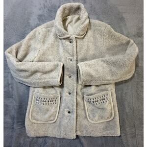 Tudor Court Sherpa Fleece Jacket L Beige Snap Button Pockets Embroidered Boho